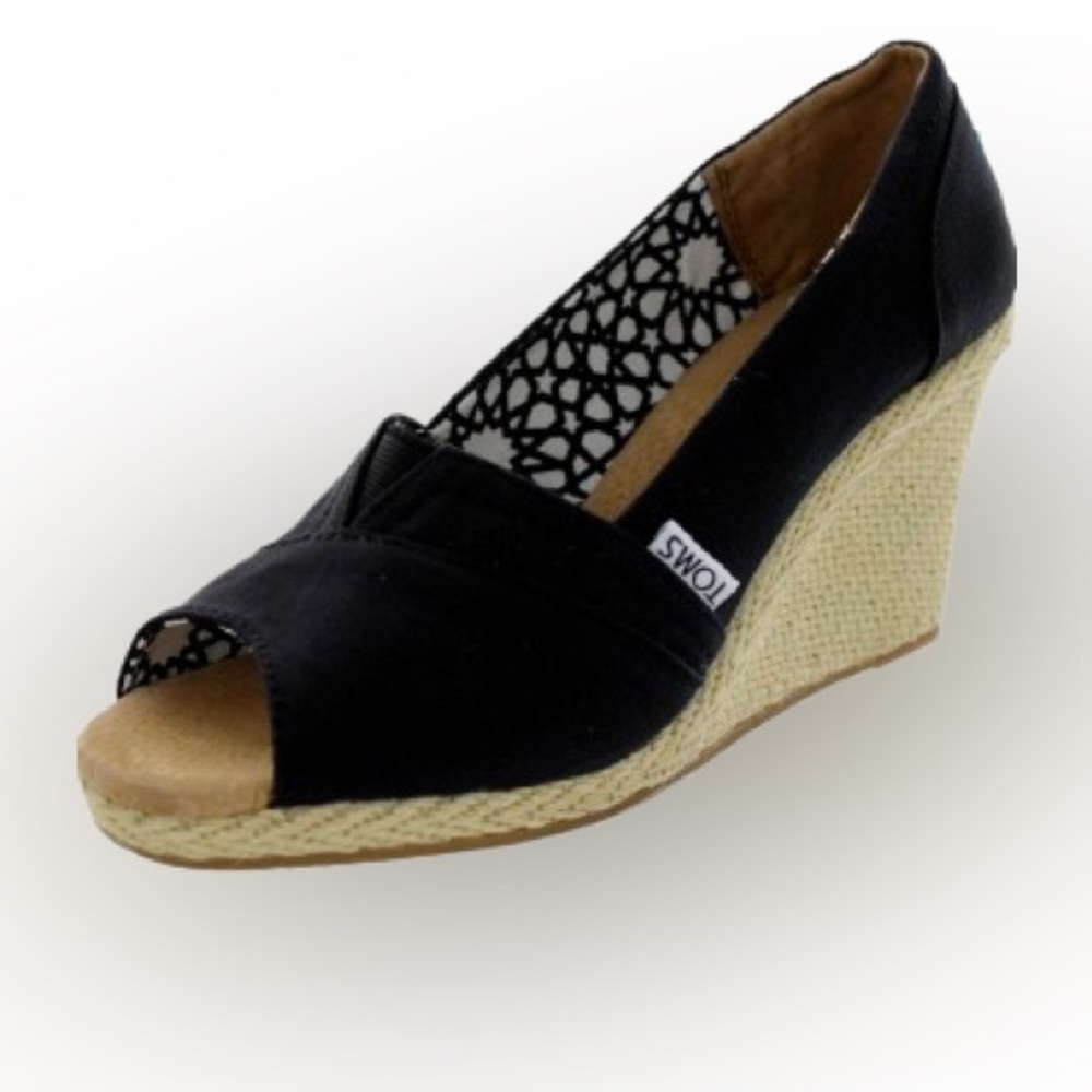 TOMS Women’s Black Canvas Peep Toe Wedge Sandals Espadrille Rope Wrap Platform 8